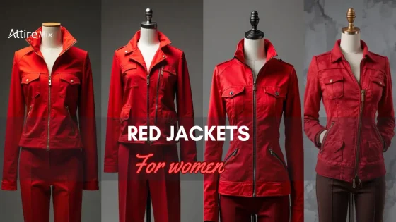 Showcase of diverse red jackets for women arranged on mannequins