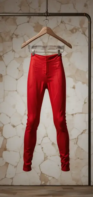 A pair of tailored red leggings with stitched details hanging on a wooden hanger.