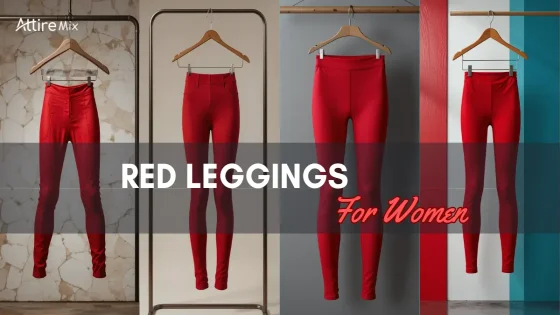 A collection of red leggings for women, displayed on hangers in various styles.