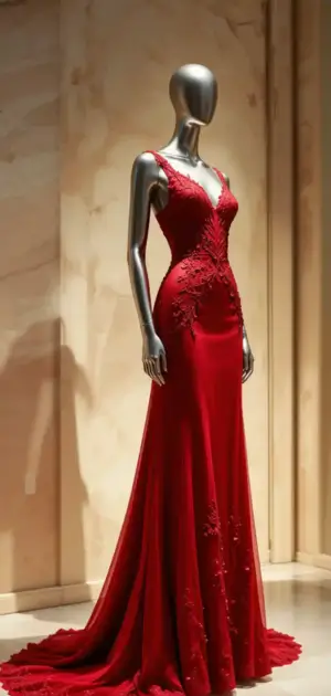 Red maxi dress with side embroidery and long train