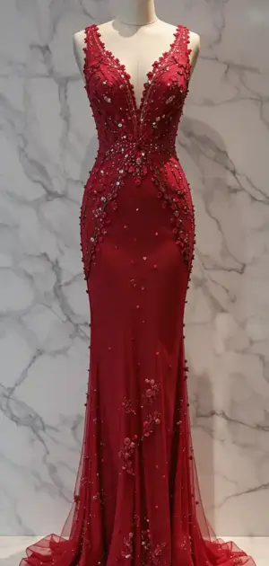 Elegant red maxi dress with detailed beadwork and train