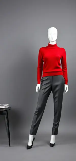 Red sweater and grey patterned trousers ensemble