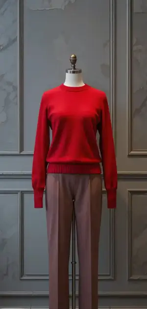 Vibrant red sweater paired with taupe trousers