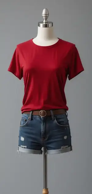 Red T-shirt on a mannequin with denim shorts