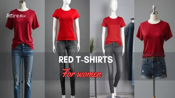 Mannequins displaying Red T-Shirts For women paired with various bottoms
