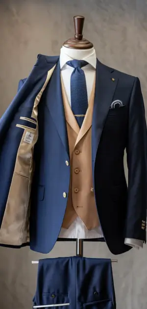 Blue and tan contrast three-piece suit
