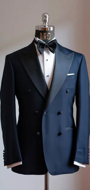 Mannequin in a sleek black tuxedo suit with bow tie