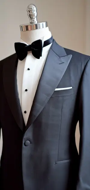 Mannequin displaying a tailored black tuxedo suit