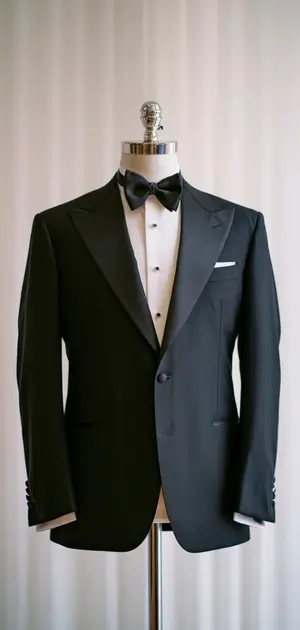 Mannequin dressed in a formal black tuxedo suit