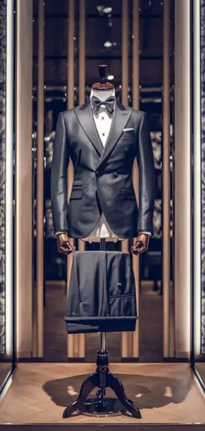 Dark regular fit suit showcased in a modern store