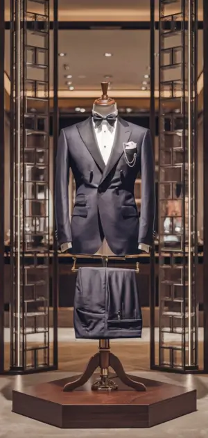 Navy regular fit suit with pocket square and boutonniere