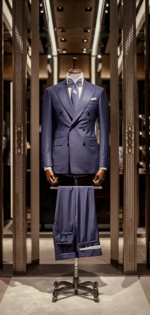 Classy navy suit on mannequin in a luxury store