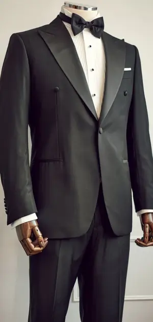 Mannequin styled in a double-breasted black tuxedo