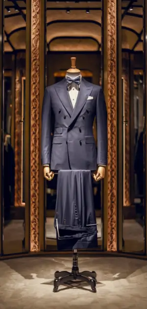 Navy regular fit two-piece suit on elegant display