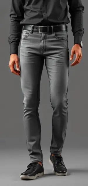 Man in grey selvedge jeans with a black belt and black sneakers