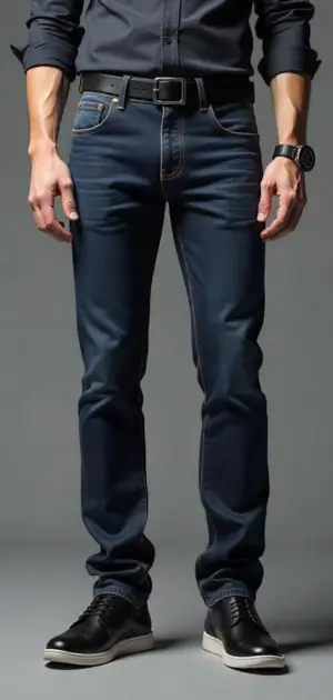 Man in deep indigo selvedge jeans with a black belt and sneakers