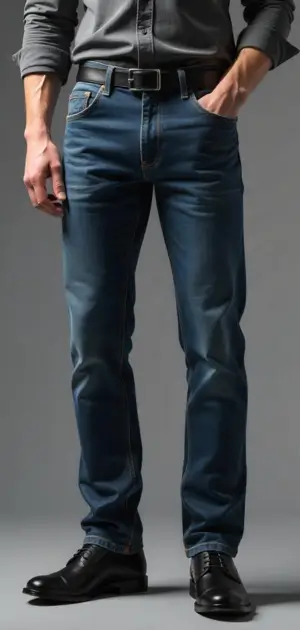 Man in dark blue selvedge jeans with a black belt and lace-up dress shoes.