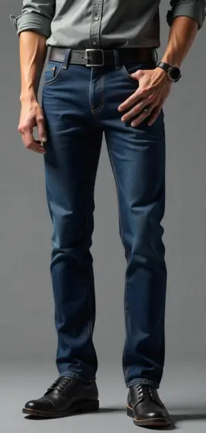 Man wearing dark blue selvedge jeans with a black belt and dress shoes.