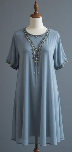 Pale blue shift dress with decorative neckline
