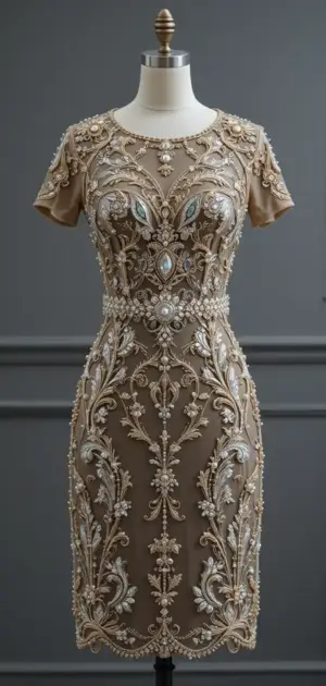 Ornate brown and gold dress on a mannequin