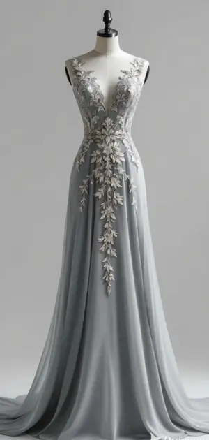 Mannequin dressed in a grey gown with floral embroidery