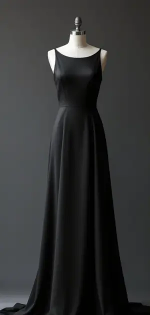 Simple yet elegant black gown on a mannequin