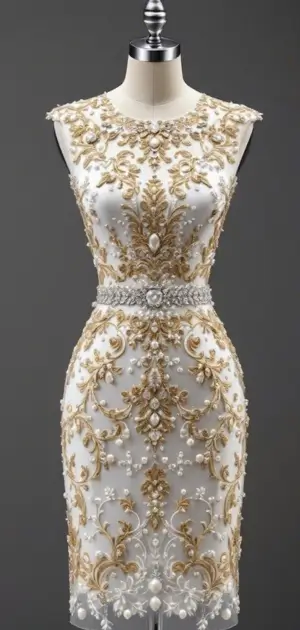 Ornate golden embroidered dress on display
