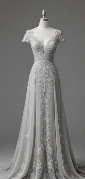 Grey gown with floral details on a mannequin