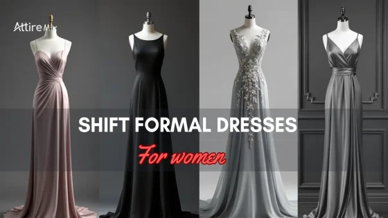 Collection of elegant Shift Formal Dresses For women displayed on mannequins
