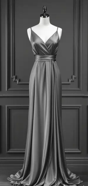Sleek silver formal gown on a mannequin in a stylish setting