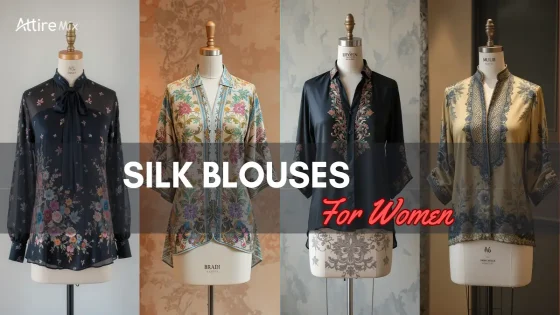 Four silk blouses in various prints and designs showcasing elegance and versatility.