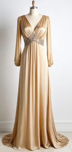 Golden silk maxi dress with embellished waist and V-neck