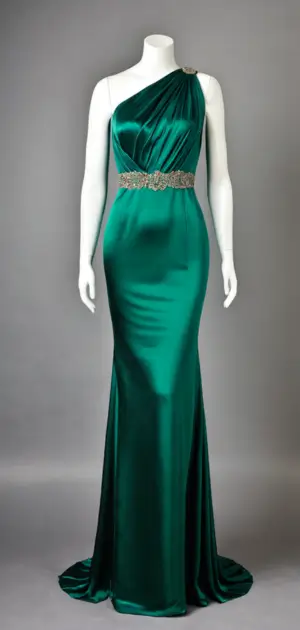 Green silk one-shoulder maxi dress with embellished waist