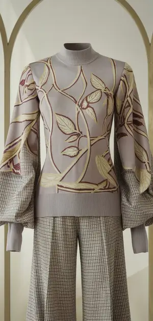 Mannequin featuring a silk sweater with botanical prints over checked trousers