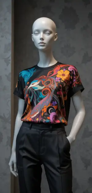 Mannequin wearing a black silk t-shirt with colorful floral design