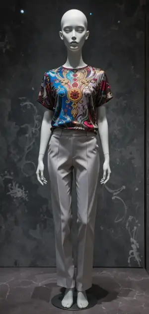 Mannequin sporting a colorful silk t-shirt with intricate patterns