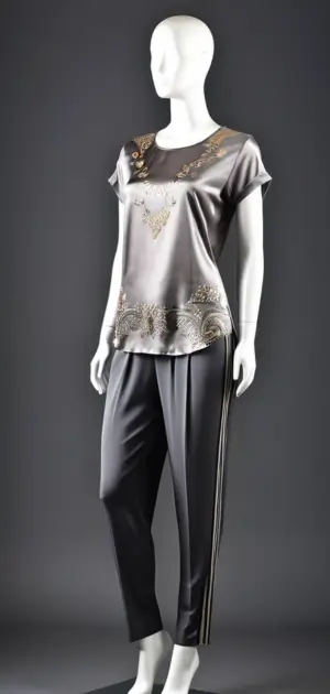 Mannequin dressed in a grey silk t-shirt with ornate embellishments