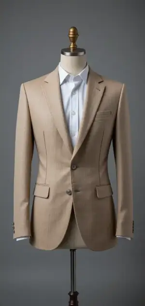 Beige single-breasted suit on mannequin
