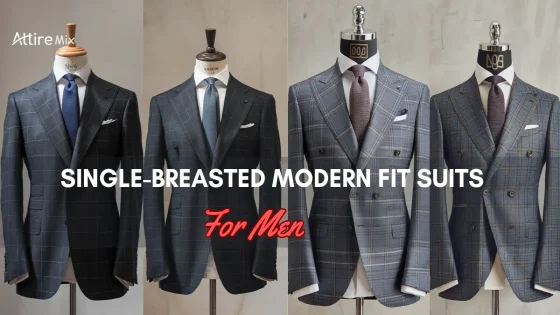 Array of four single-breasted modern fit suits for men on mannequins.