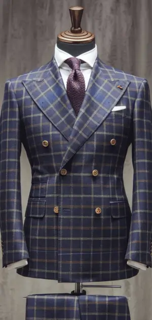 Close view of a plaid single-breasted suit on a mannequin