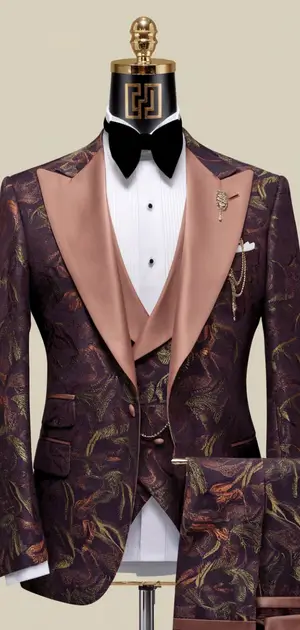 Mannequin dressed in a unique patterned tuxedo suit