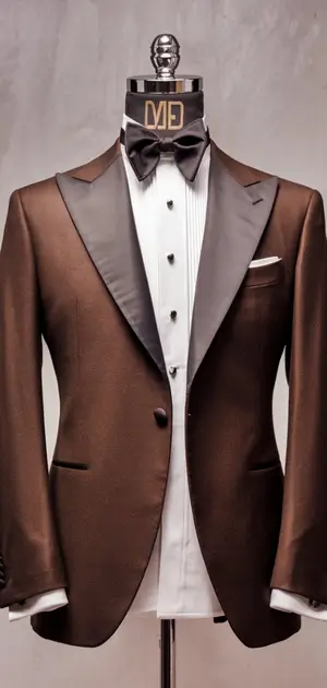 Mannequin in a sleek brown tuxedo with a white vest
