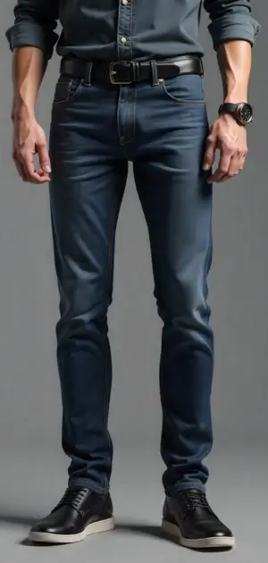Man in light blue skinny jeans with a black belt and black sneakers