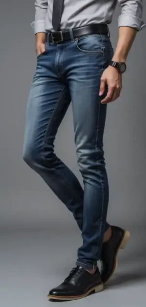 Man in blue skinny jeans with a black belt and a fitted long-sleeve shirt