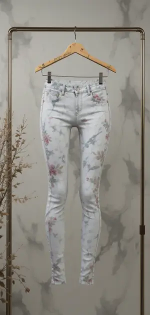 Modern white skinny stretch leggings featuring delicate floral print accents.