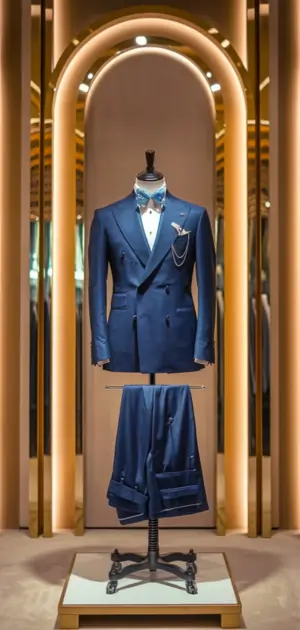 Slim fit suit showcased under dramatic lighting