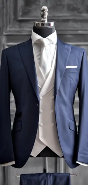Dark blue slim fit three-piece suit on display