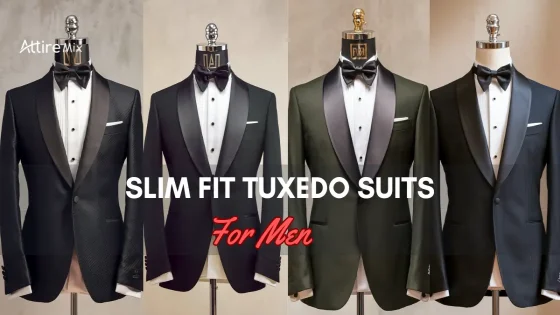 Assortment of Slim Fit Tuxedo Suits for men in black and olive