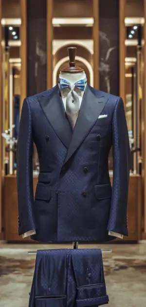 Navy slim fit two-piece suit on a gold display stand