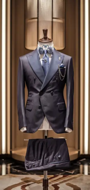 Dark navy slim fit suit displayed with accessories